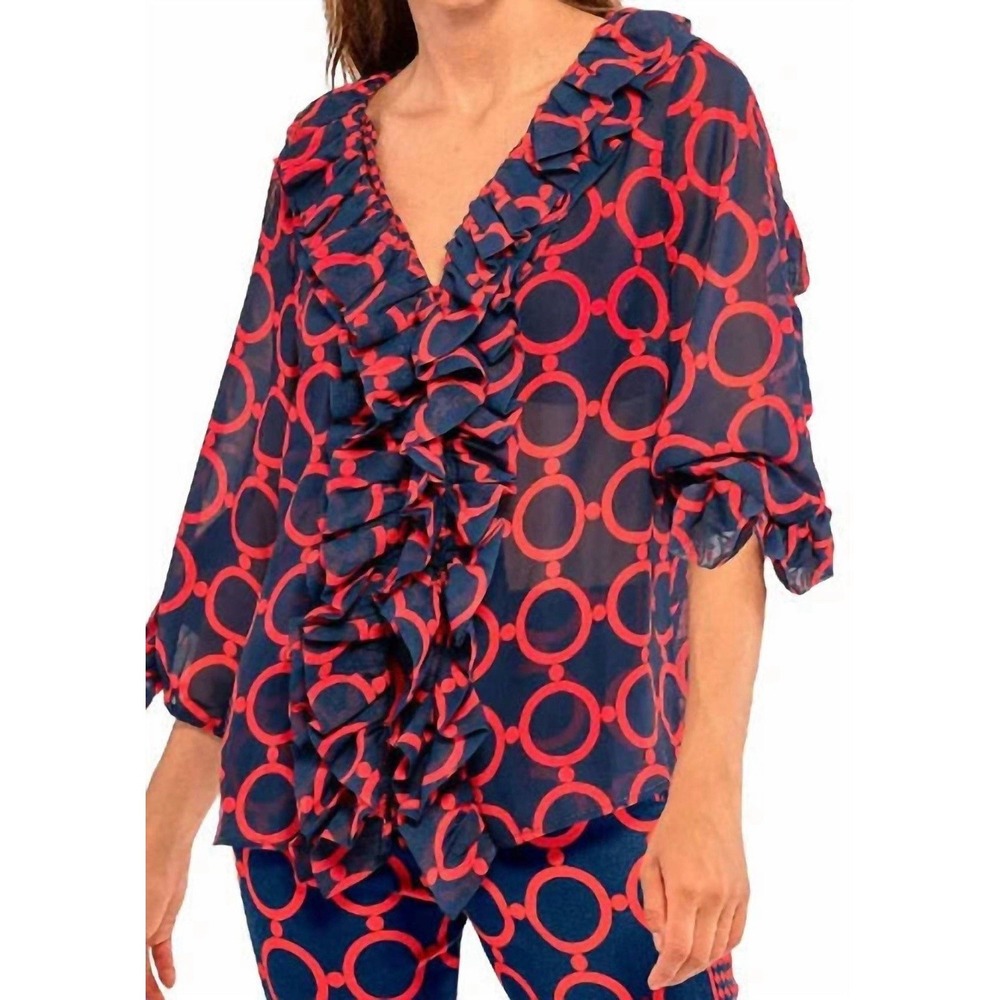 NWT Gretchen Scott Women XL Rufflestilskin Top Dip & Dots Siren Navy Sheer Cute